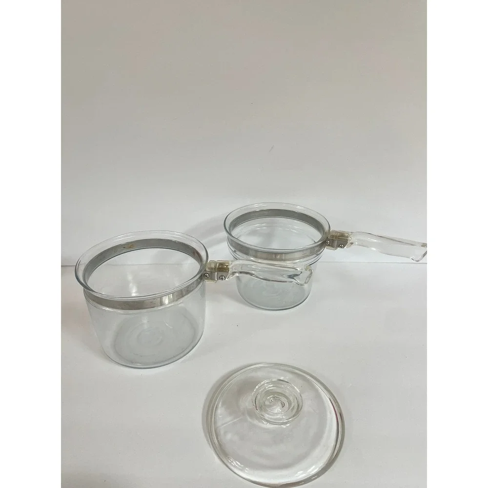 Vintage Pyrex Flameware 6283 Clear Glass Double Boiler 3 Piece Set with Lid USA